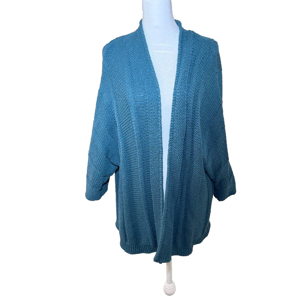 J.Jill Womens Teal Ribbed Open Cardigan Size 1X 3/4 Sleeves Nautical Coastal